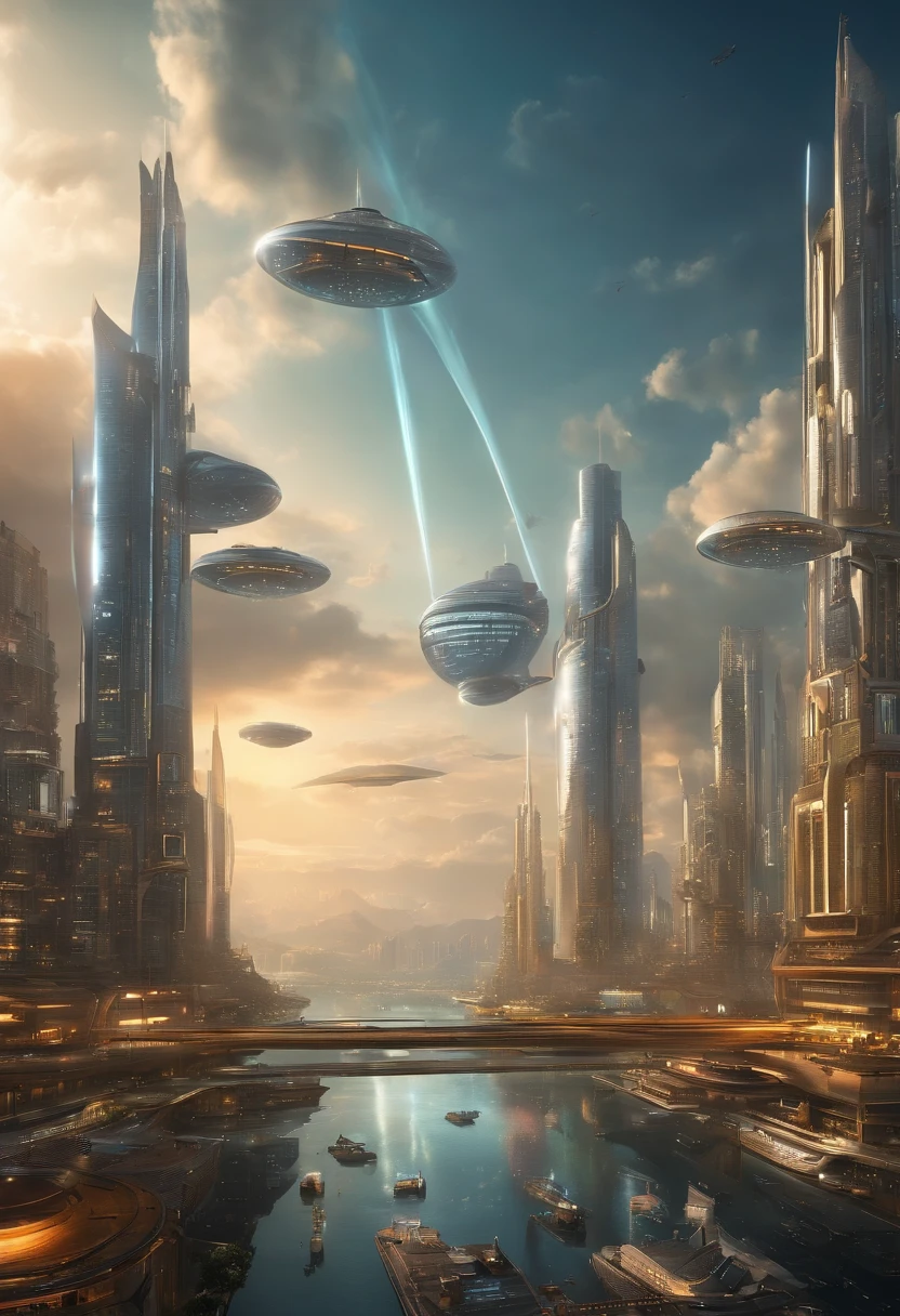 Create futuristic hyperealist works of art, Imagine a floating city in the sky, with complex architectural structures and advanced technology. Paint this futuristic city with a wealth of detail, capturing the bright lights, suspended platforms and flying vehicles that crisscross the skies.