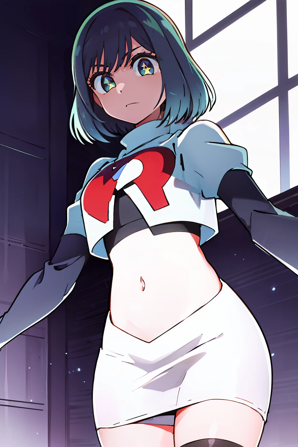kurokawaakane\(1zgame\),1girl, solo,stage,looking at viewer,8k, beautiful lighting,symbol-shaped_pupils, sparkling_eyes, star-shaped_pupils, star_(symbol), team rocket,team rocket uniform,white skirt,crop top,black thigh-highs,black elbow gloves