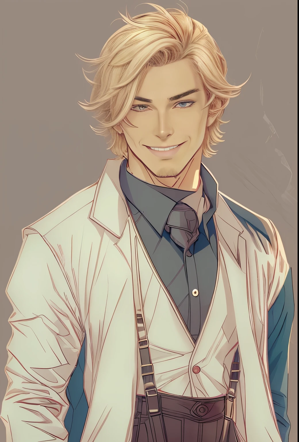 Drawing, portrait, realistic fantasy, high detail, clarity, 8kk, a guy of 26 years old, blonde hair, a charming smile, a cheerful look, hair, a short haircut, hair sticking out on his head in different directions, a piercing look, a dark green eye twist, smiling, wearing a three-piece suit (jacket, trousers and vest) with two buttons and a shirt without a tie;  