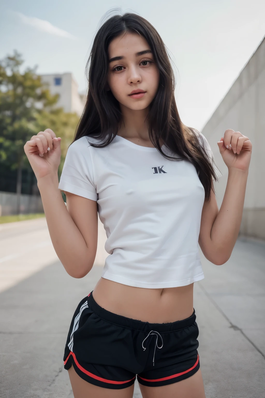 (8k, RAW Photo, Best Quality, Masterpiece:1.3),(Real,Photo:1.37),(Black Hair),Pose,1girl,Very Beautiful Face,Cute,(Small),(Put Your Hands Down))),Poggy Hairstyle,Random Expression,(White T-shirt),JK_style,(Track Shorts) ,Black Hair,(Age 19),Modest,Five Fingers,Normal Hands,Small Mouth,Straight Hair