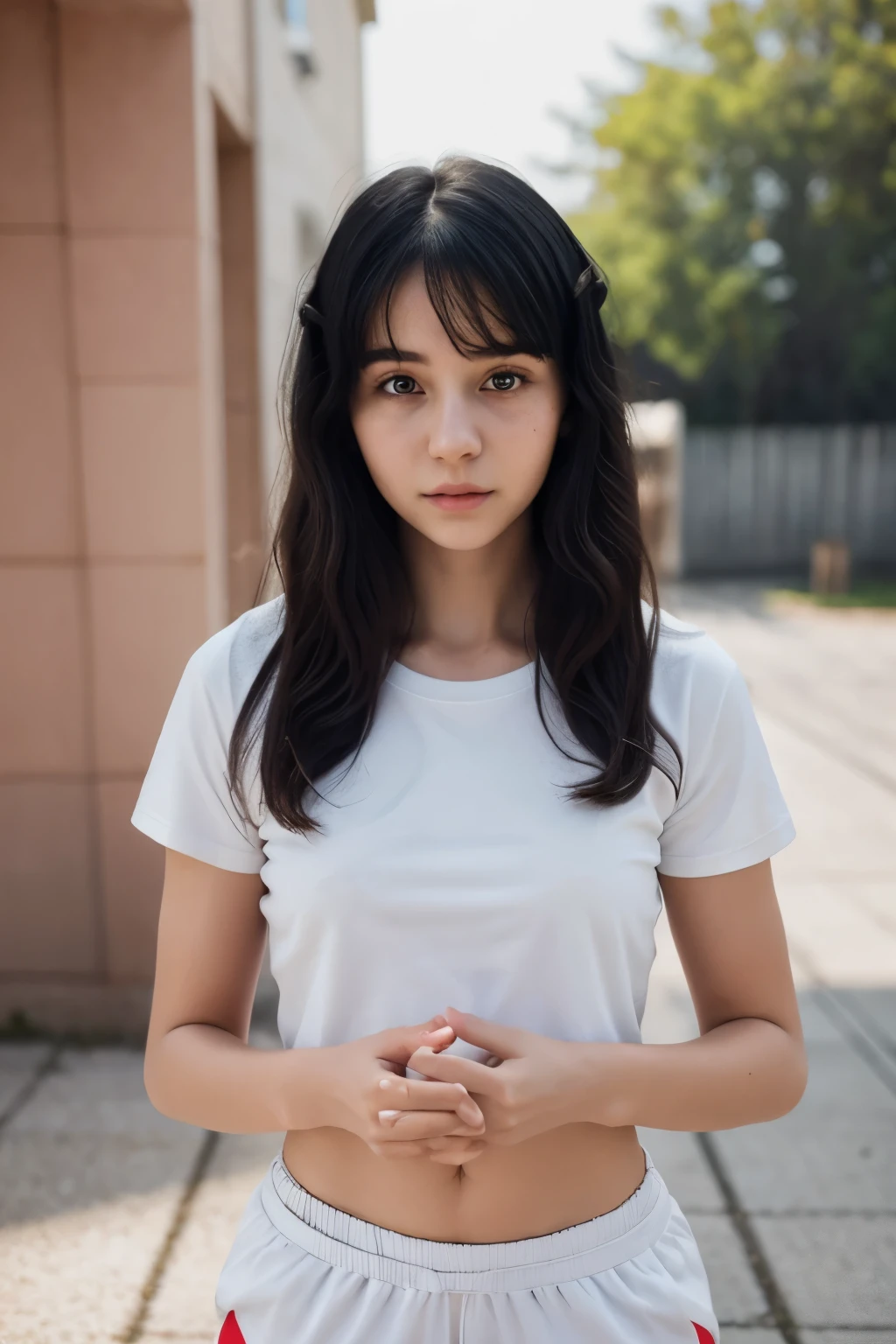 (8k, RAW Photo, Best Quality, Masterpiece:1.3),(Real,Photo:1.37),(Black Hair),Pose,1girl,Very Beautiful Face,Cute,(Small),(Put Your Hands Down))),Poggy Hairstyle,Random Expression,(White T-shirt),JK_style,(Track Shorts) ,Black Hair,(Age 19),Modest,Five Fingers,Normal Hands,Small Mouth,Straight Hair