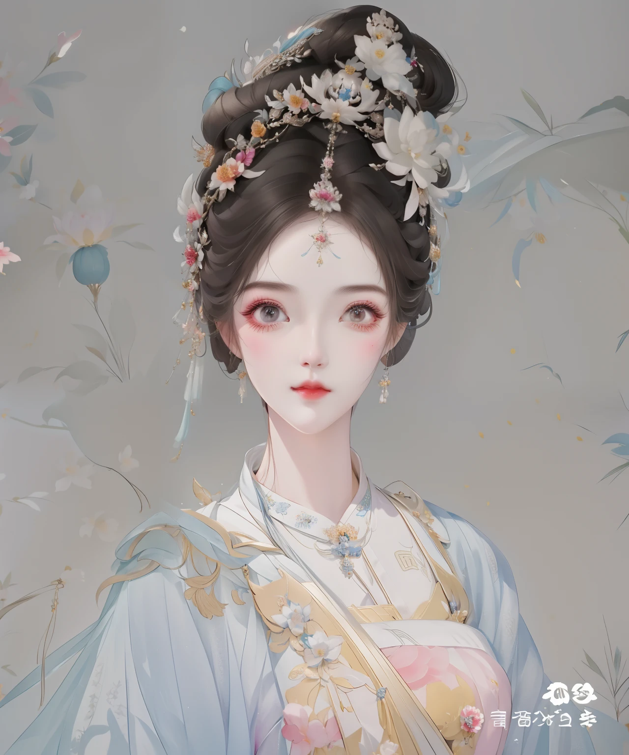 a close up of a woman wearing a tia with a flower in her hair, ((a beautiful fantasy empress)), a beautiful fantasy empress, ancient chinese princess, palace ， a girl in hanfu, ancient china art style, beautiful render of tang dynasty, beautiful character painting, guweiz, inspired by Qiu Ying, ancient asian dynasty princess, hanfu, chinese style