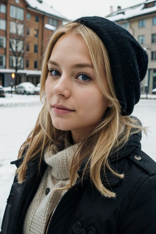 blond girl, swedish like, in centre stockolm in winter