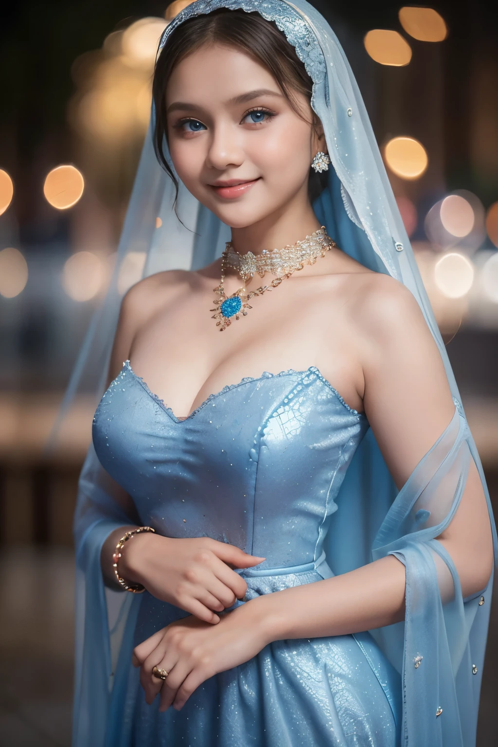 Beautiful, cute baby Face, ************ russian ****ta Girl, blue eyes, wearing hijab and sexy kebaya dress, Rounded small Breast,slightly Chubby , luxury necklace, White Skin, Smiling, Dark City Background, mid shot, upper body, Perfect Potrait, Bokeh Effect, Look at Viewer, Armpit, Perfect Eye, Perfect Hand, Perfect Finger, Bracelet, Ring, small breast, ((adorable:1.2)), ((masterpiece:1.1)), ((bokeh:1.2)),