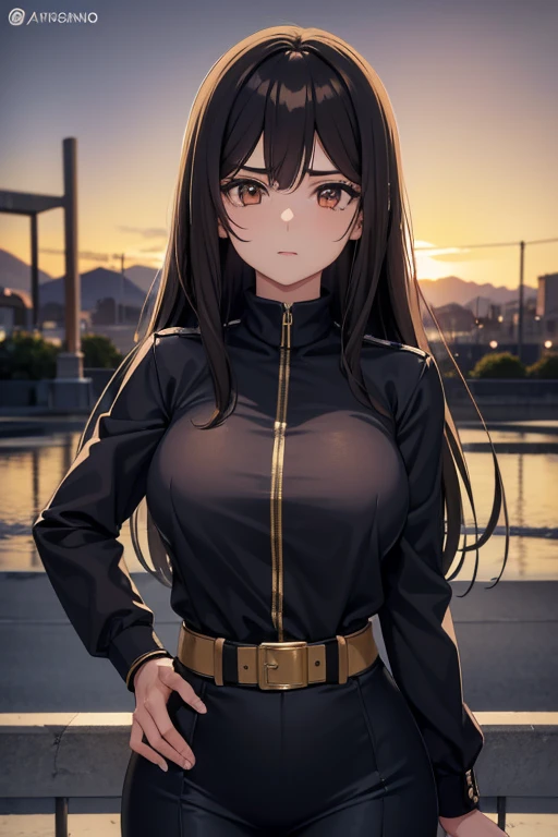 Anime, (4k), profundidad de campo, (obra maestra), (textura de piel 2D), extremadamente detallado, intrincado, hiper detallado, high resolution, Professional photography, bokeh, profundidad de campo, sharp detail, Mejor calidad, mirando al espectador, 1 chica, Solo, enfoque Femnino, loose, light brown hair with a black streak, Violeta claro, cabello largo ondulado ,pelo entre los ojos, Rostro Algo regordete y pero muy femenino y atractivo. ◇ Big breasts and hips , Cintura normal y no muy marcada, Muslos grueso y fuerte ,Brazos delgados y femeninos. Vestida con un uniforme de falda negra y blusa negra escotada, ademas de un haori color blanco con pequenas flores de loro negras bordadas ,humana