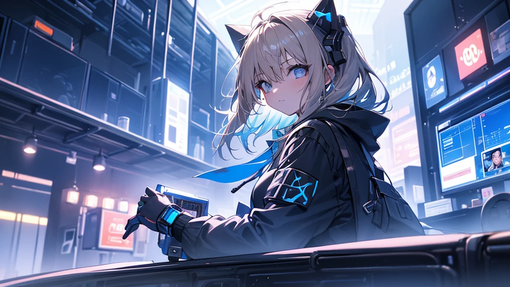 (1 girl, blonde hair, blue eyes, black hoodie, kawaii), (sports car), (blue cyberpunk, night city, blue neon)