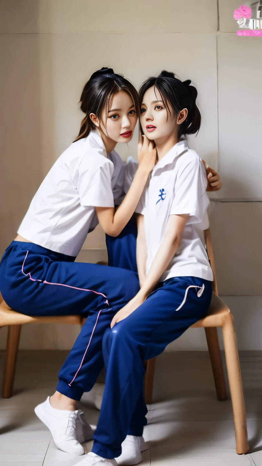 2 girls sitting on chairs, Navy blue short-sleeved shirt,Navy Long Trackpant,Sweatpants, Sweatpantsขายาว, หญิงรักhave sex, coax, Sexual arousal, Realistic poses, exercise clothes, exercise clothes, have sex, Realistic gestures