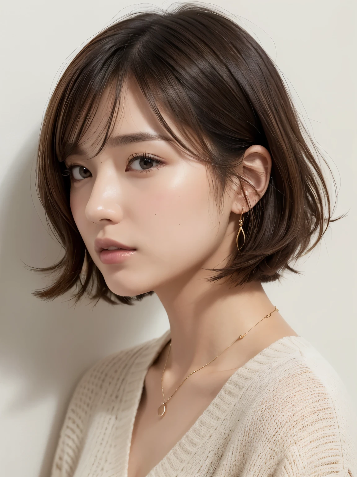 (layered haircut:1.2))、short wavy hair、8K、（Live shooting）、（highest quality）、（フォトrealistic：1.4）Reality to the touch Reality、(4Khigh resolution:1.2)、(high resolution, muste piece, highest qualityの, high detail, official: 1.4), (Reality: 1.2, ハイパーrealistic: 1.1, フォトrealisticです: 1.37), Depth of bounds written, (detailed description of hair), (Detailed description of the face),, (35 years old,: 1.4)、I&#39;m a little depressed、white wall、(Taken in front of the white door)、((窓のあるwhite wallの部屋))、indoor、Natural light、short hair、realistic、high resolution、High quality、profile、various poses、profile、random pose、autumn clothes、winter clothes、 wearing necklace