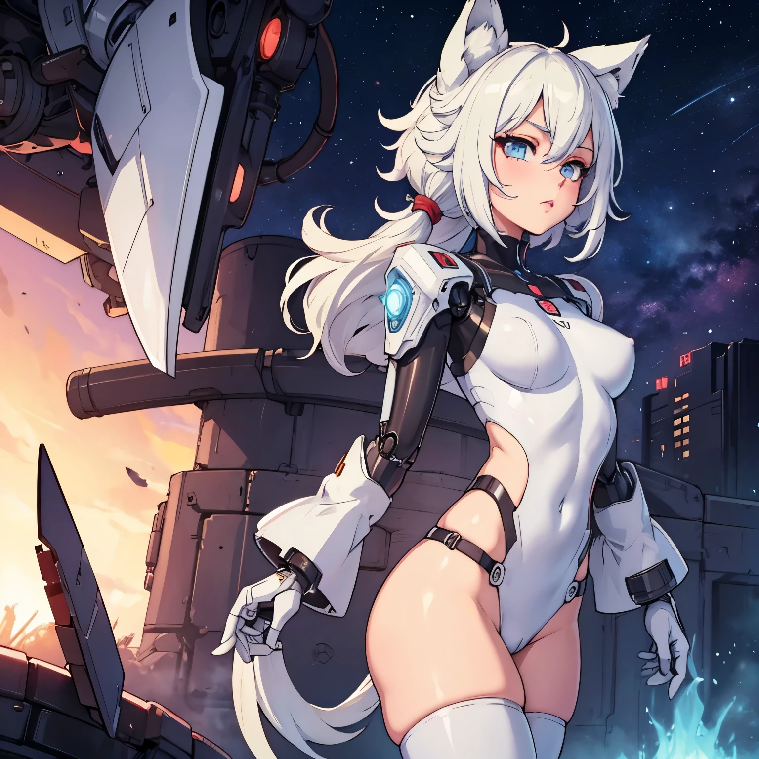 NSFW anime image of a robot girl who has wolf ears and a tail and wears only a white shirt, His hair is white and short, his hands are robotic hands., has a robotic body