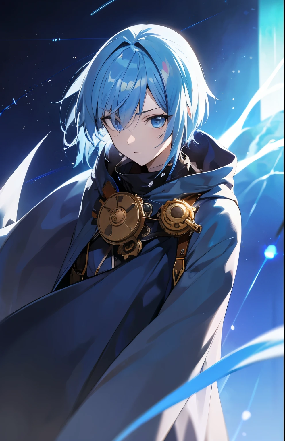 focus, (1girl), sky blue hair, short hair, (beautiful blue eyes), magic ability, sword art ability, destroyed world, (steampunk), ((sci-fi)), broken self, wind power, wandering in cloak, dark, astronomy