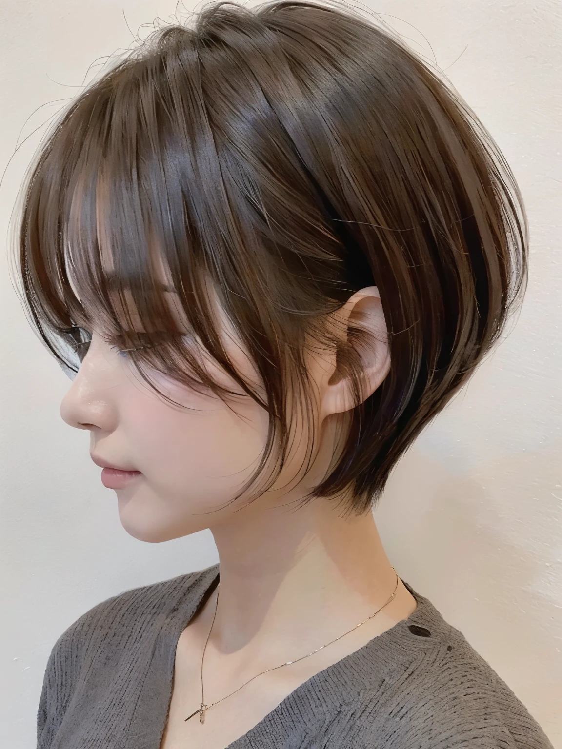 (layered haircut:1.2))、short wavy hair、8K、（Live shooting）、（highest quality）、（フォトrealistic：1.4）Reality to the touch Reality、(4Khigh resolution:1.2)、(high resolution, muste piece, highest qualityの, high detail, official: 1.4), (Reality: 1.2, ハイパーrealistic: 1.1, フォトrealisticです: 1.37), Depth of bounds written, (detailed description of hair), (Detailed description of the face),, (35 years old,: 1.4)、I&#39;m a little depressed、white wall、(Taken in front of the white door)、((窓のあるwhite wallの部屋))、indoor、Natural light、short hair、realistic、high resolution、High quality、profile、various poses、profile、random pose、autumn clothes、winter clothes、 wearing necklace