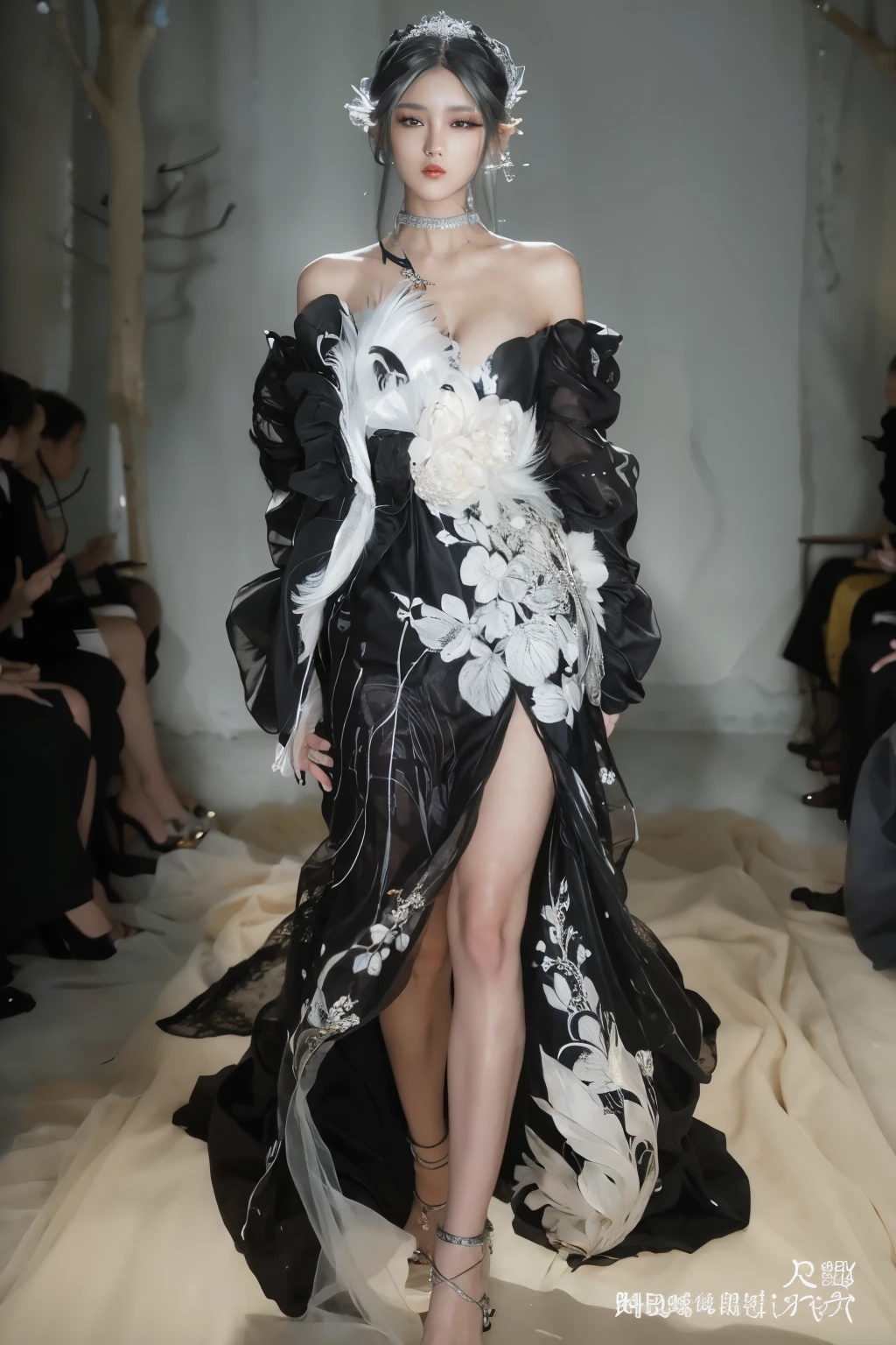 a model walks the runway in a black and white dress with flowers, jinyiwei, robe. extremely high details, an intricate dress, flowing black gown, inspired by Liu Haisu, high fashion haute couture, flowing gown, chengwei pan, alexander mcqueen haute couture, haute couture fashion, mingchen shen, modern maximalist fashion dress, jingna zhang