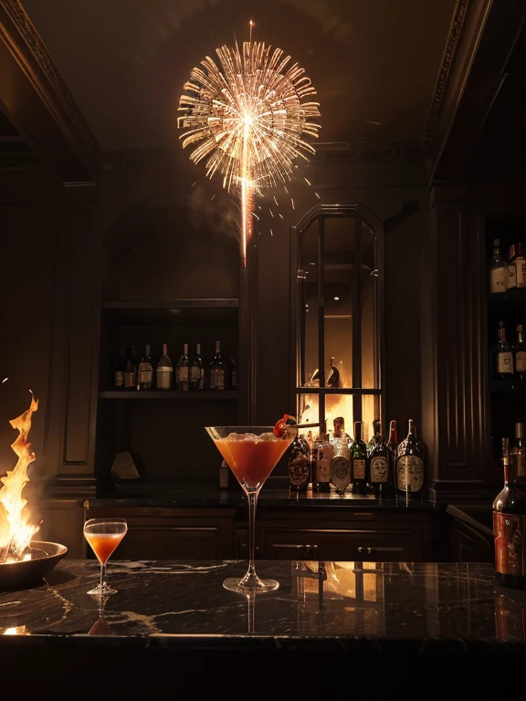 "demon wings, fire and flames, Using symbols related to hell, such as the Devil's City, the logo of 'Bar Hell' was designed to be simple, colorful and fascinating.. This store does not allow humans to leave, creating a fantastic atmosphere with sparkling fireworks flying around., It is expected to be covered in luxurious marble, cocktails will be served in fine wine glasses, and it will have an upscale atmosphere, expensive alcohol, and inaccessible prices., Presents an image of a very spacious and colorful bar. An image of a cocktail bar with a small fire like a bonfire in the main cocktail bar, creating a cold but warm atmosphere thanks to the fire.