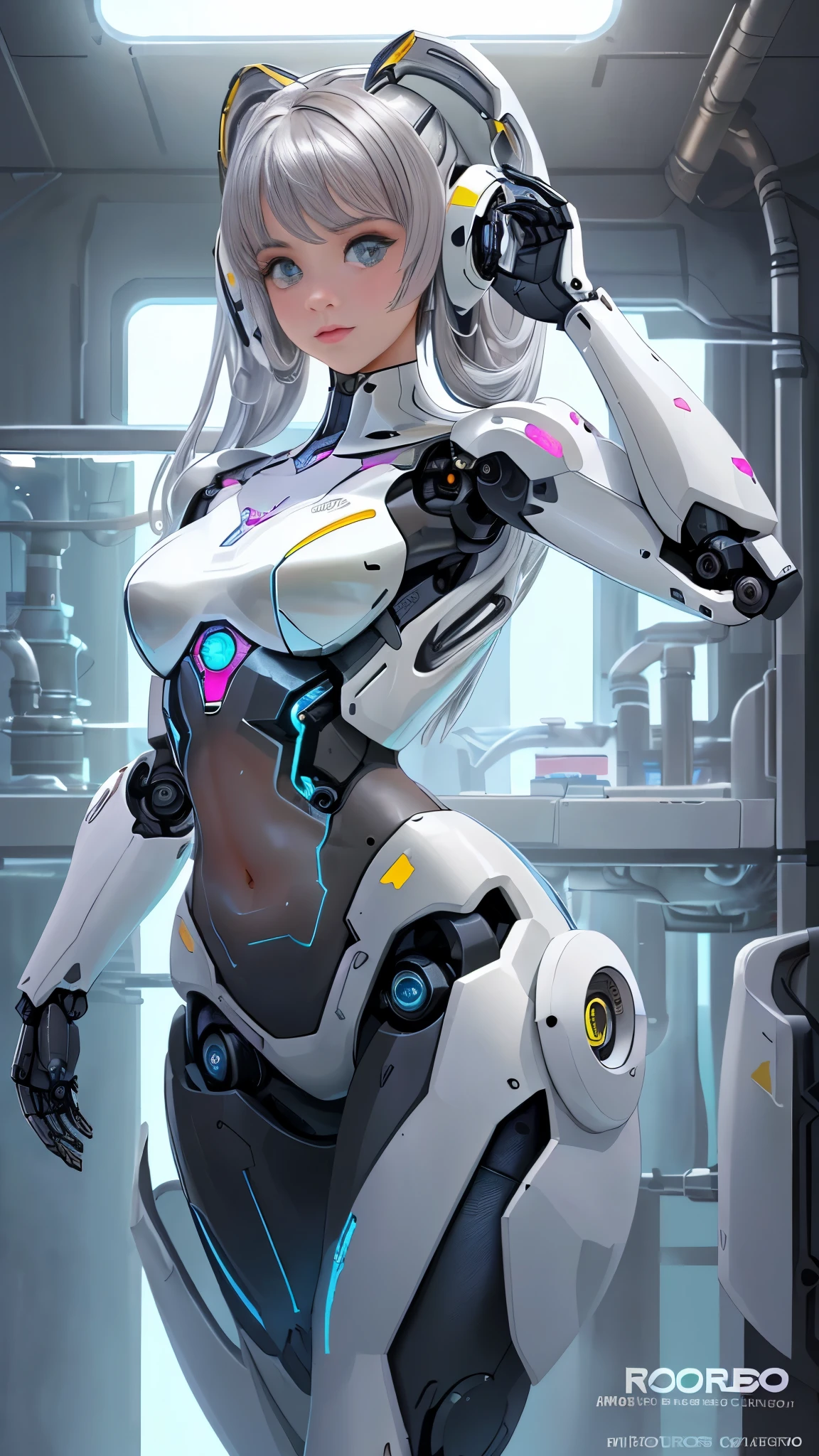 (La mejor calidad,A high resolution,Ultra - detallado,actual),Ariana Grande japonesa androide cyborg, robotic parts, hermoso estudio con luz suave, Detalles vibrantes, Ciberpunk de lujo, (Android body made of white and silver transparent glass and plastic:1.4), , (Mecanismos internos del cuerpo de metal plateado+pink), dynamic pose, Fluid organic components, Grabado detallado, Lace designs, (Circuitos dorados brillantes:1.4), (hermosos ojos azules),ojos brillantes, (pose vaquero ), (realistic) ,Arte detallado de alta calidad 8K, Fanart Mejor ArtStation, Fantasy art style ,(cuerpo de vidrio transparente:1.4),(Perfect anatomy) ,UHD, (fondo laboratorio Robotic futuristic dystopia colors:1.4)