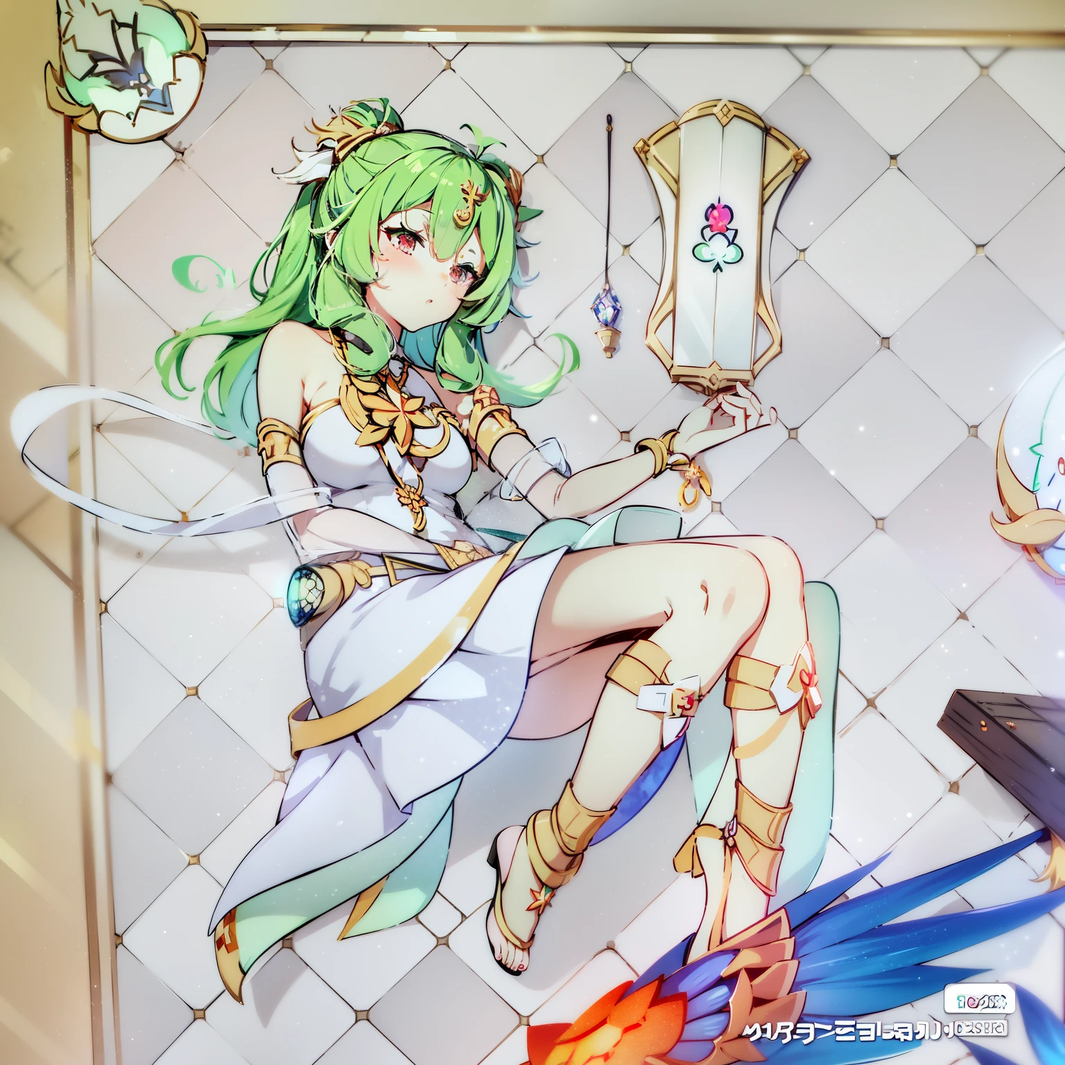 anime characters are displayed on a wall with a picture of a woman, lady palutena, palutena, anime goddess, palutena smash, the non-binary deity of spring, anime art nouveau cosmic display, ayaka genshin impact, concept art of comiket cosplay, portrait knights of zodiac girl, ayaka game genshin impact, knights of zodiac girl
