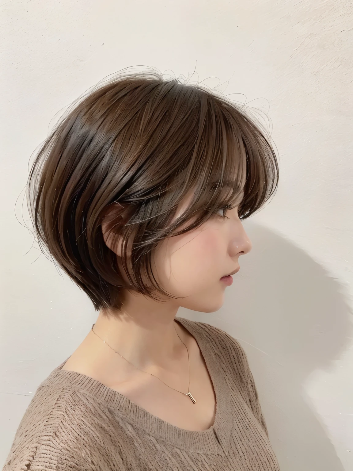 (layered haircut:1.2))、short wavy hair、8K、（Live shooting）、（highest quality）、（フォトrealistic：1.4）Reality to the touch Reality、(4Khigh resolution:1.2)、(high resolution, muste piece, highest qualityの, high detail, official: 1.4), (Reality: 1.2, ハイパーrealistic: 1.1, フォトrealisticです: 1.37), Depth of bounds written, (detailed description of hair), (Detailed description of the face),, (35 years old,: 1.4)、I&#39;m a little depressed、white wall、(Taken in front of the white door)、((窓のあるwhite wallの部屋))、indoor、Natural light、short hair、realistic、high resolution、High quality、profile、various poses、profile、random pose、autumn clothes、winter clothes、 wearing necklace