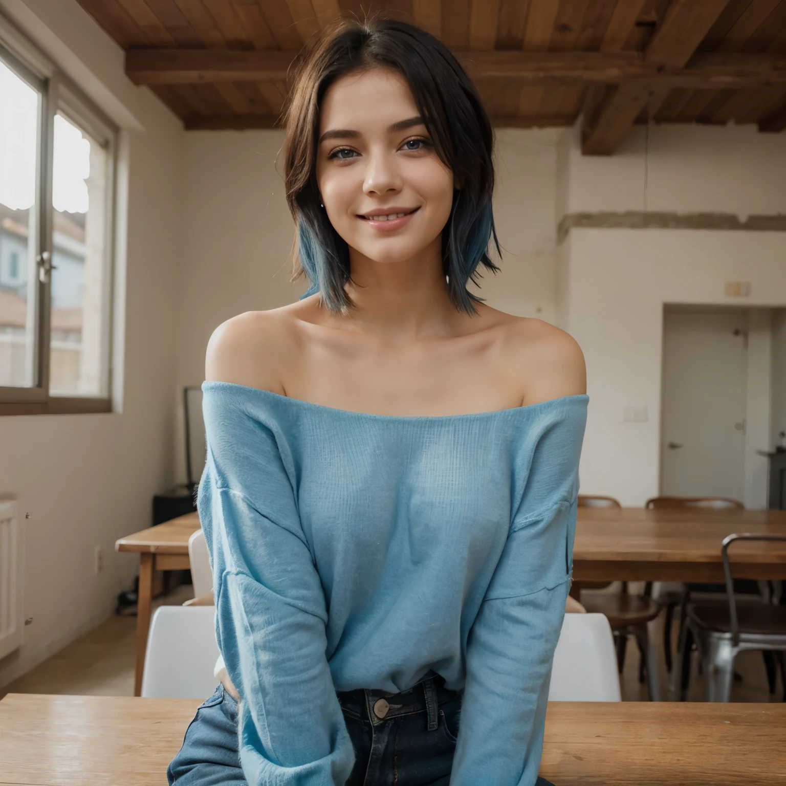 Girl short hair Blue hair Blue eyes Blue smile matching with confidence Correct members