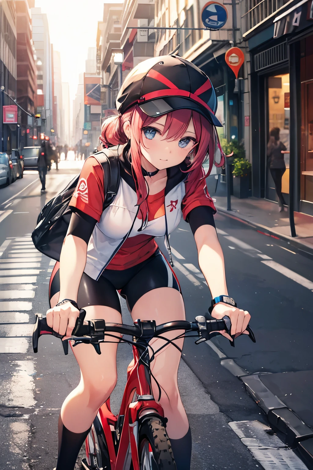 ride a cycling car、girl、shortcut、shorts、looking at the camera、light on face、Backlight illumination、Background cityscape