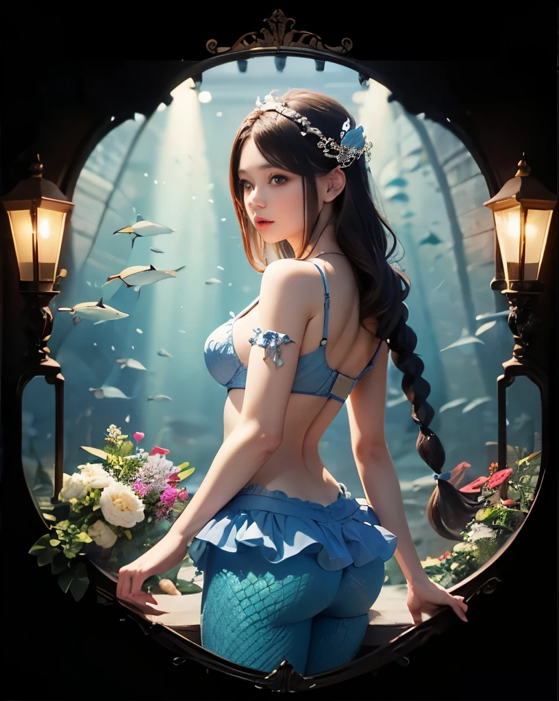 best quality, ultra hi res, fairytale, a picture of a beautiful young mermaid with a shiny blue fishtail, detailed face, blue messy fishtail braid, (detailed porcelain doll, delicate bra with a lot of frills and ribbons), underwater, soft light, lost look, looking behind a viewer,