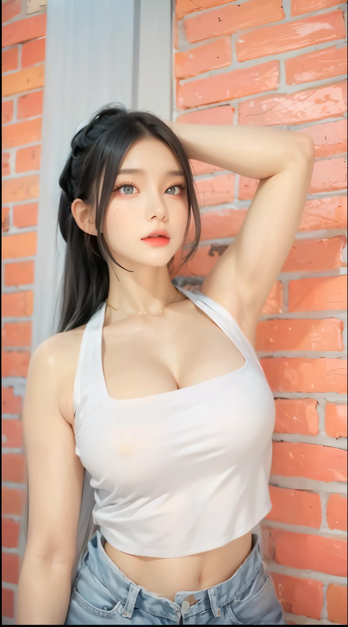 realistic, 1 women, best quality, 12k, HD, long hair, big round breasts, cleavage, ponytail, necklace, jewelry, shorts, short jacket, slim hips, hair tie, yellow eyes, black hair, super detailed, Eye details, hair details, person details, mouth details, face details, breast details, clothes details, hair details, pants details, hand details, whole body