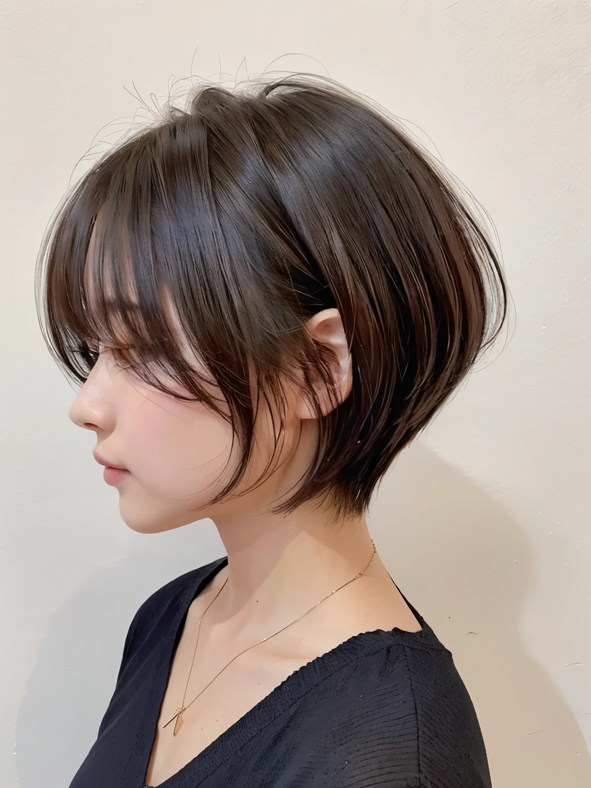 (layered haircut:1.2))、short wavy hair、8K、（Live shooting）、（highest quality）、（フォトrealistic：1.4）Reality to the touch Reality、(4Khigh resolution:1.2)、(high resolution, muste piece, highest qualityの, high detail, official: 1.4), (Reality: 1.2, ハイパーrealistic: 1.1, フォトrealisticです: 1.37), Depth of bounds written, (detailed description of hair), (Detailed description of the face),, (35 years old,: 1.4)、I&#39;m a little depressed、white wall、(Taken in front of the white door)、((窓のあるwhite wallの部屋))、indoor、Natural light、short hair、realistic、high resolution、High quality、profile、various poses、profile、random pose、autumn clothes、winter clothes、 wearing necklace