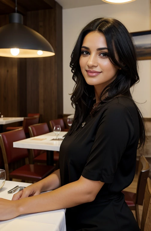 1 mujer adulta, Cabello largo, cabello rizado, black dyed hair, piel suave, ojos marrones, sonrisa, vegetation, Ocasional, Ropa estilo mujer de negocios, Light brown blaser, realista, con antecedentes en un restaurante de lujo, 8k opponent realist, Super detailed and realistic