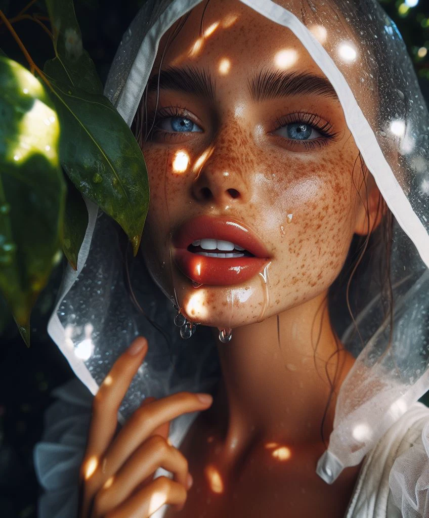 a close up of a woman with freckles on her face and a veil over her head, dewy skin, transparent vibrant glowing skin, perfectly lit face, beautiful realistic photo, sunbathed skin, backlit beautiful face, wlop glossy skin, with shiny skin, brandon woelfel, translucent skin, rain drops on face, beautiful photorealistic imagery, shiny skin