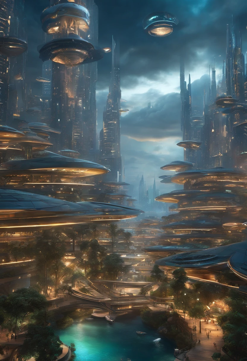 Create futuristic hyperealist works of art, Imagine a floating city in the sky, with complex architectural structures and advanced technology. Paint this futuristic city with a wealth of detail, capturing the bright lights, suspended platforms and flying vehicles that crisscross the skies.