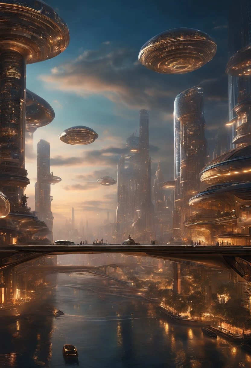 Create futuristic hyperealist works of art, Imagine a floating city in the sky, with complex architectural structures and advanced technology. Paint this futuristic city with a wealth of detail, capturing the bright lights, suspended platforms and flying vehicles that crisscross the skies.