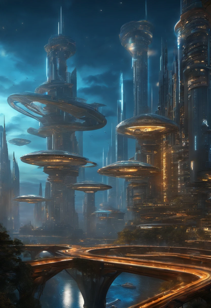 Create futuristic hyperealist works of art, Imagine a floating city in the sky, with complex architectural structures and advanced technology. Paint this futuristic city with a wealth of detail, capturing the bright lights, suspended platforms and flying vehicles that crisscross the skies.