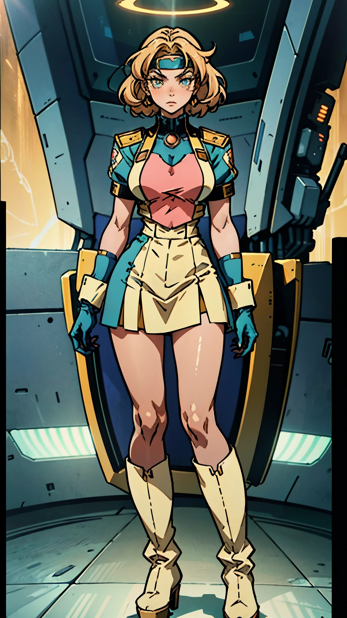 A girl with short light golden hair, a metal headband on her forehead, an icy gaze, a detached expression, a smooth and exquisite facial appearance, a sci-fi military uniform, white as the main color, complemented by blue and yellow accents, short sleeves, gloves, short skirt integrated with the outfit, dark fitted pants, knee-high military boots, standing in a futuristic sci-fi-styled room, Surrounded by AR virtual interfaces, this character embodies a finely crafted a futuristic sci-fi female officer in anime style, exquisite and mature manga art style, high definition, best quality, highres, ultra-detailed, ultra-fine painting, extremely delicate, professional, anatomically correct, symmetrical face, extremely detailed eyes and face, high quality eyes, creativity, RAW photo, UHD, 8k, Natural light, cinematic lighting, masterpiece-anatomy-perfect, masterpiece:1.5