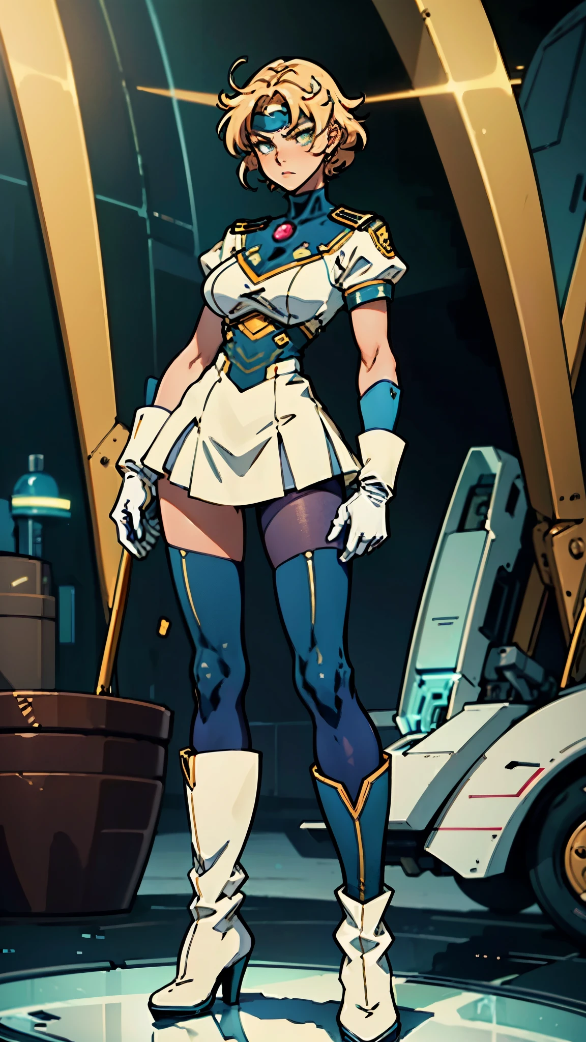 A girl with short light golden hair, a metal headband on her forehead, an icy gaze, a detached expression, a smooth and exquisite facial appearance, a sci-fi military uniform, white as the main color, complemented by blue and yellow accents, short sleeves, gloves, short skirt integrated with the outfit, dark fitted pants, knee-high military boots, standing in a futuristic sci-fi-styled room, Surrounded by AR virtual interfaces, this character embodies a finely crafted a futuristic sci-fi female officer in anime style, exquisite and mature manga art style, high definition, best quality, highres, ultra-detailed, ultra-fine painting, extremely delicate, professional, anatomically correct, symmetrical face, extremely detailed eyes and face, high quality eyes, creativity, RAW photo, UHD, 8k, Natural light, cinematic lighting, masterpiece-anatomy-perfect, masterpiece:1.5