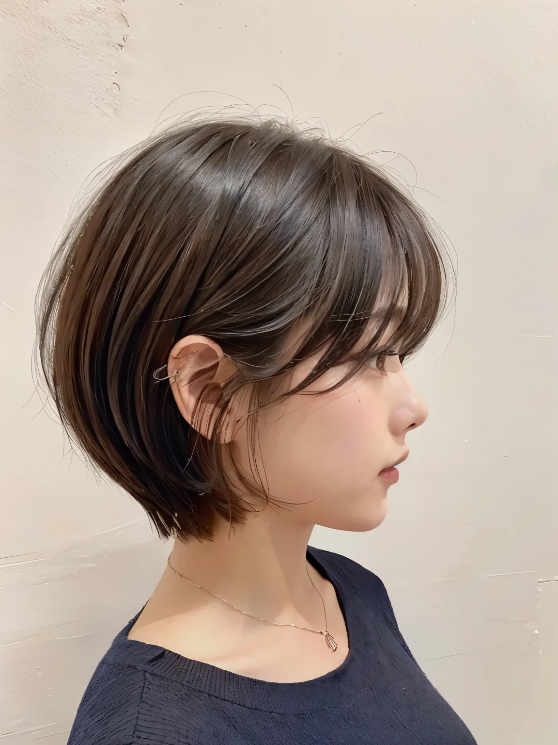 (layered haircut:1.2))、short wavy hair、8K、（Live shooting）、（highest quality）、（フォトrealistic：1.4）Reality to the touch Reality、(4Khigh resolution:1.2)、(high resolution, muste piece, highest qualityの, high detail, official: 1.4), (Reality: 1.2, ハイパーrealistic: 1.1, フォトrealisticです: 1.37), Depth of bounds written, (detailed description of hair), (Detailed description of the face),, (35 years old,: 1.4)、I&#39;m a little depressed、white wall、(Taken in front of the white door)、((窓のあるwhite wallの部屋))、indoor、Natural light、short hair、realistic、high resolution、High quality、profile、various poses、profile、random pose、autumn clothes、winter clothes、 wearing necklace