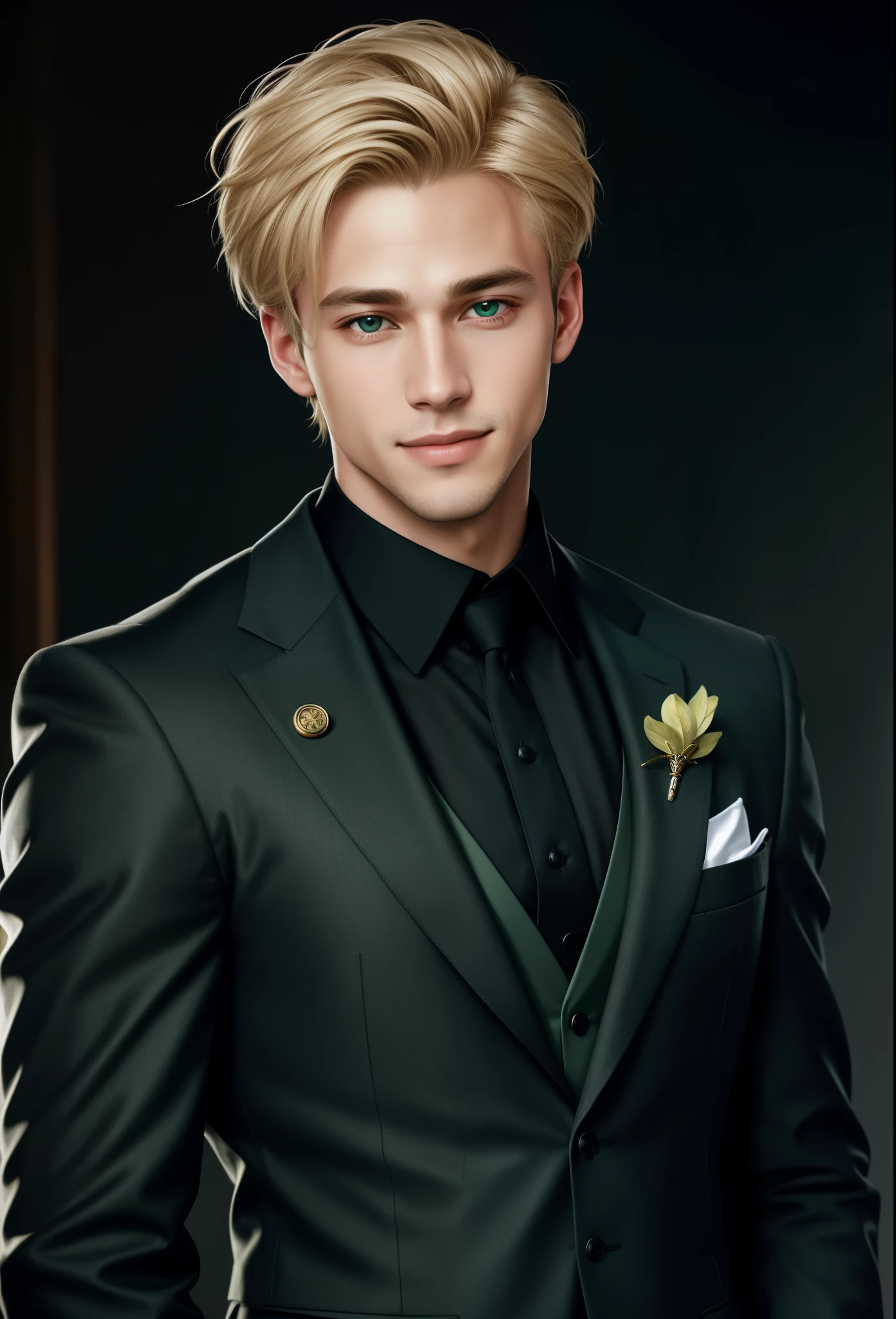A captivating realistic fantasy portrait drawing of a charismatic young man at the age of 26, with blonde hair that radically frames his charming smile and cheerful look. His short haircut adds a playful touch, as strands of hair stick out in various directions on his head. His piercing gaze is accentuated by a dark green eye twist, exuding an aura of intensity and focus. The subject is dressed in a sharp three-piece suit consisting of a jacket, trousers, and vest, with only two buttons fastened, highlighting the definition of his chest. The portrait remains clear and vibrant, attaining a level of detail that is absolutely stunning at 8k resolution.