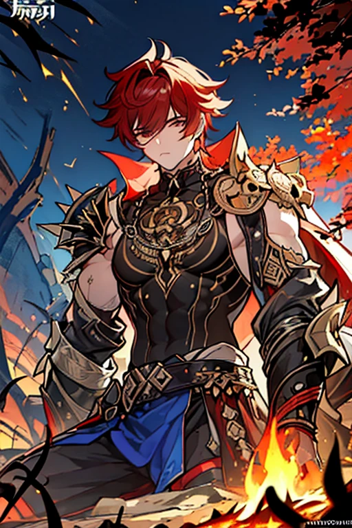 (Masterpiece: 1.5, best quality, high resolution: 1.3, super resolution, super detailed, ultra detailed: 1.3, rich background: 1.2, 1 man)) dark skin + red hair + long spiky hair + dark eyes + long eyelashes + no bangs + masculine body + defined figure + muscular pectorals + wide hips + thick thighs (wide pants, sandals, no shirt, cloth hanging from his shoulder to his hip, weapons hanging from his hip, tribal accessories, intricate details, animal skull on the shoulder) ((relaxed expression, in his hands there is a dagger, sitting in front of a bonfire, lighting of the fire, trees in the background) (colors of clothing and accessories: black, red, naval blue, gold)