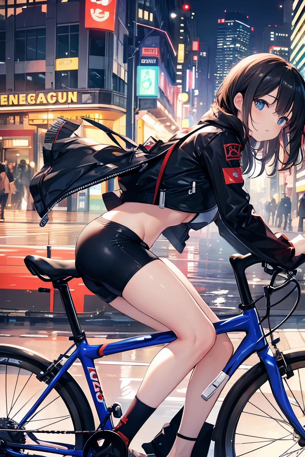 ride a cycling car、girl、shortcut、shorts、looking at the camera、light on face、Backlight illumination、Background cityscape