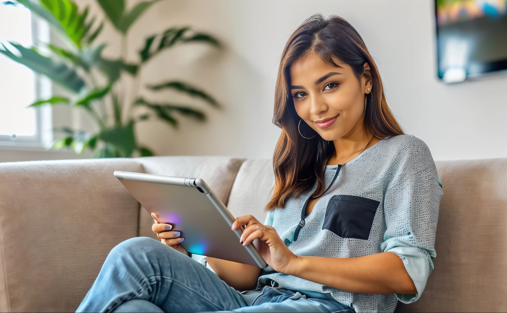 ((melhor qualidade)), ((obra de arte)), (detalhado), rosto perfeito((Uma mulher linda jovem, olhando para o tablet  com olho aberto, (( usando roupa casual))and ultra-detailed in every feature of your body and face, She is sitting on a sofa looking at the tablet in her hand , She is not sitting sideways with her head slightly tilted towards the camera and showing the tablet screen ( foco em mostrar a tela do tablet) mostra a tela do tablet ))