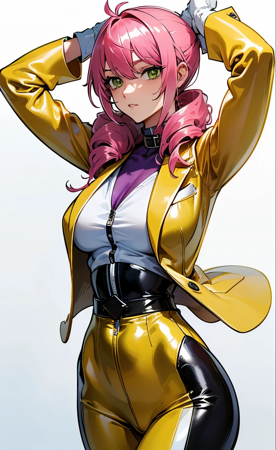 masterpiece, best quality, 1girl, drill hair, pink platinum hair, ((yellow suit:1.4)), ((white collar)), gray gloves, slender waist, wide hips,