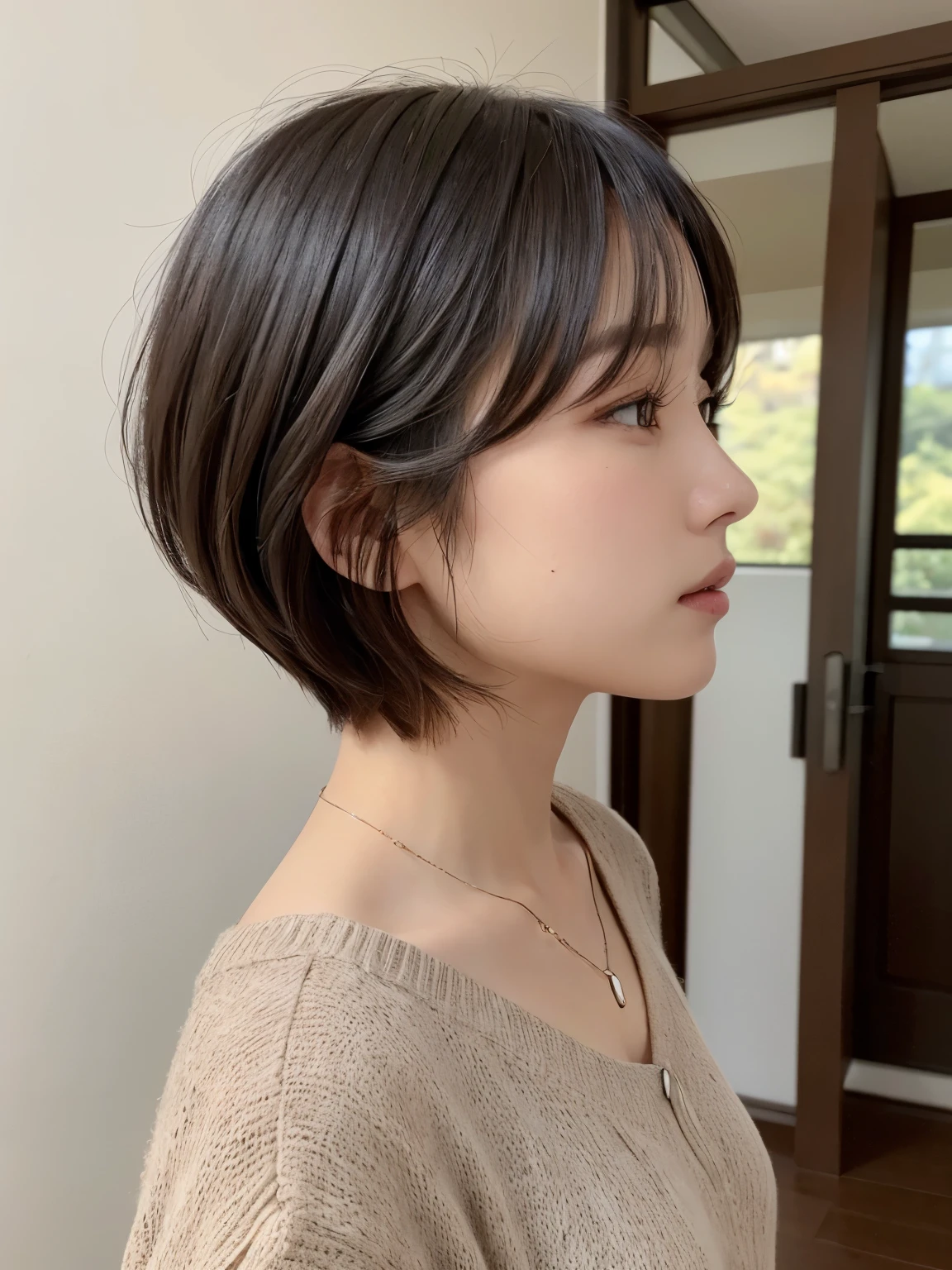 (layered haircut:1.2))、short wavy hair、8K、（Live shooting）、（highest quality）、（フォトrealistic：1.4）Reality to the touch Reality、(4Khigh resolution:1.2)、(high resolution, muste piece, highest qualityの, high detail, official: 1.4), (Reality: 1.2, ハイパーrealistic: 1.1, フォトrealisticです: 1.37), Depth of bounds written, (detailed description of hair), (Detailed description of the face),, (35 years old,: 1.4)、I&#39;m a little depressed、white wall、(Taken in front of the white door)、((窓のあるwhite wallの部屋))、indoor、Natural light、short hair、realistic、high resolution、High quality、profile、various poses、profile、random pose、autumn clothes、winter clothes、 wearing necklace