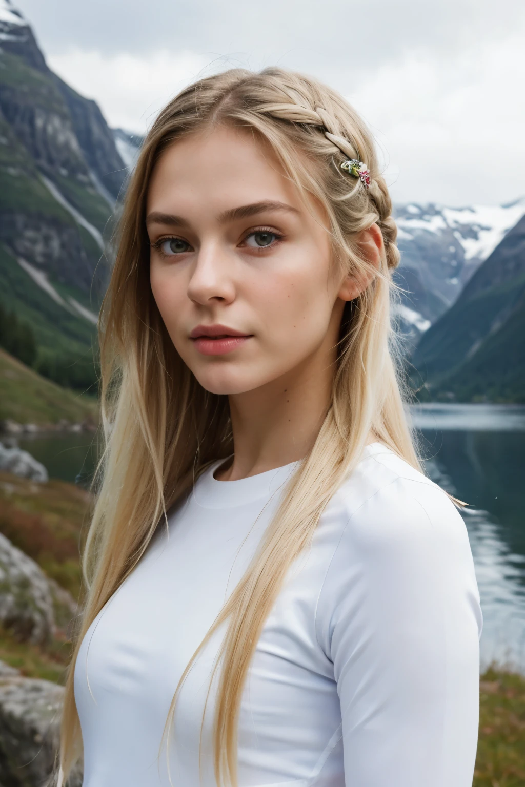 (masterpiece), (best quality:1.0), (ultra highres:1.0), portrait, 1 girl, detailed beautiful, face focus, tomboy, skinny, very long hair, norway face, wallpaper 8k, (white colorful hair), beautiful woman, makeup, tight leggings, full body