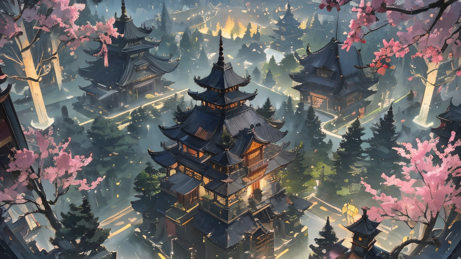 Masterpiece, best quality, high quality, extremely detailed CG unity 8k wallpaper, Hangzhou pagoda with ancient Chinese aesthetics, surrounded by ancient buildings and temples in Chinese style, trees and landscapes are composed of picturesque scenery, panoramic view and soft light. artstation, digital illustration, complex, trending, pastel colors, oil painting, award winning photography, bokeh, depth of field, HDR, bloom, chromatic aberration, realism, very detailed, artstation trend, CGsociety trend, complex, high detail, dramatic, midjourney art