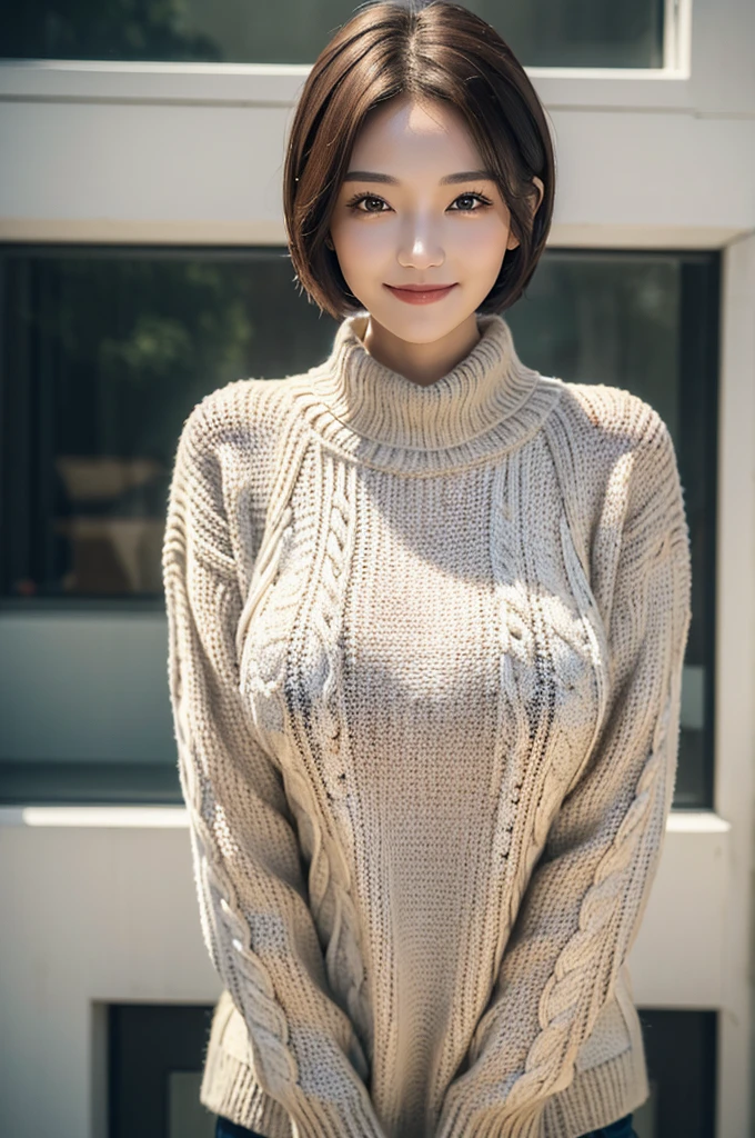 ((Best quality, 8k, Masterpiece :1.3)), 1girl, Pretty woman with slender, Huge breasts,Short Hair,Shy Smile,Cable-knit Sweater,Ultra-detailed face, Detailed eyes, Double eyelid,standing