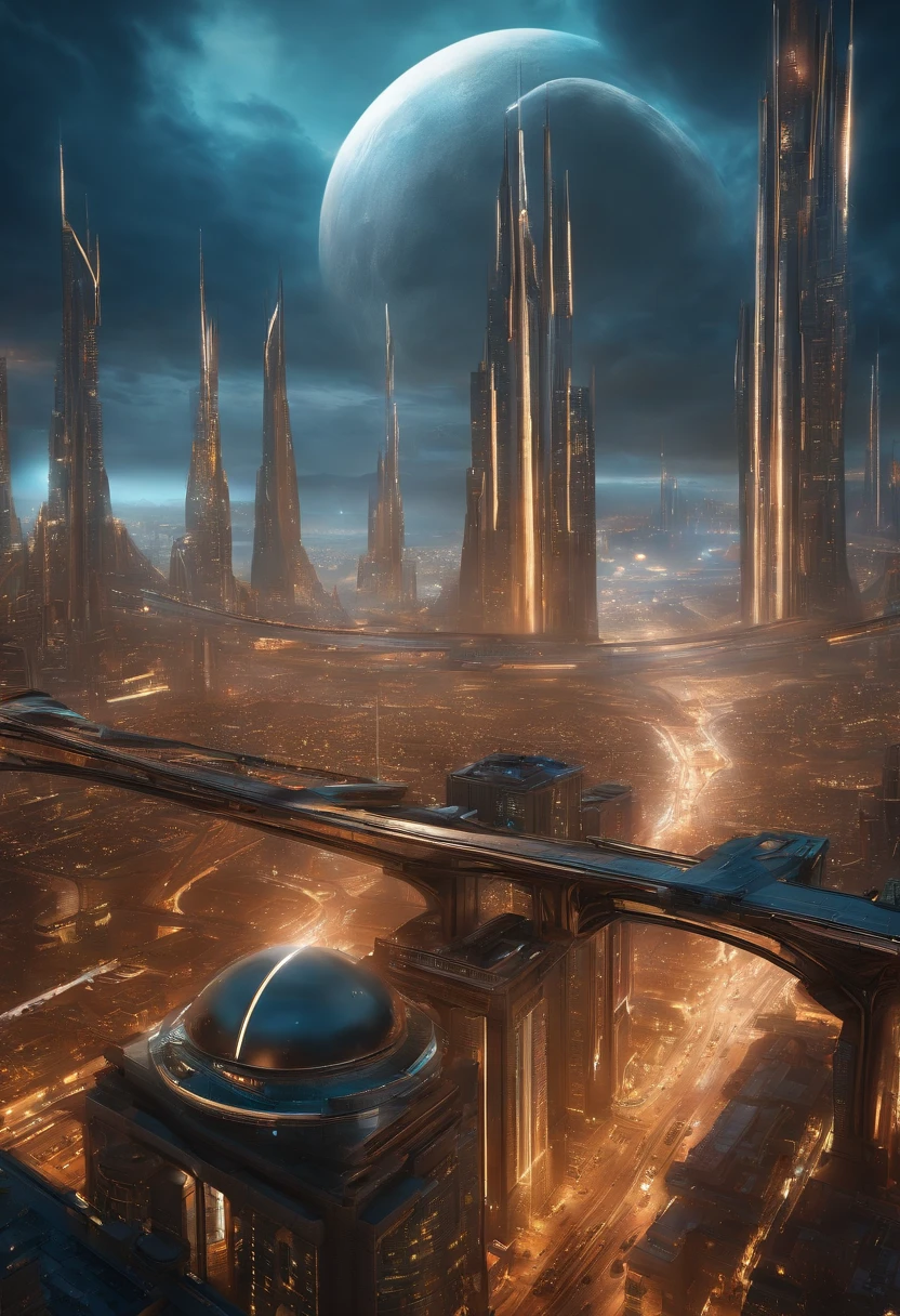 Create futuristic hyperealist works of art, Imagine a floating city in the sky, with complex architectural structures and advanced technology. Paint this futuristic city with a wealth of detail, capturing the bright lights, suspended platforms and flying vehicles that crisscross the skies.