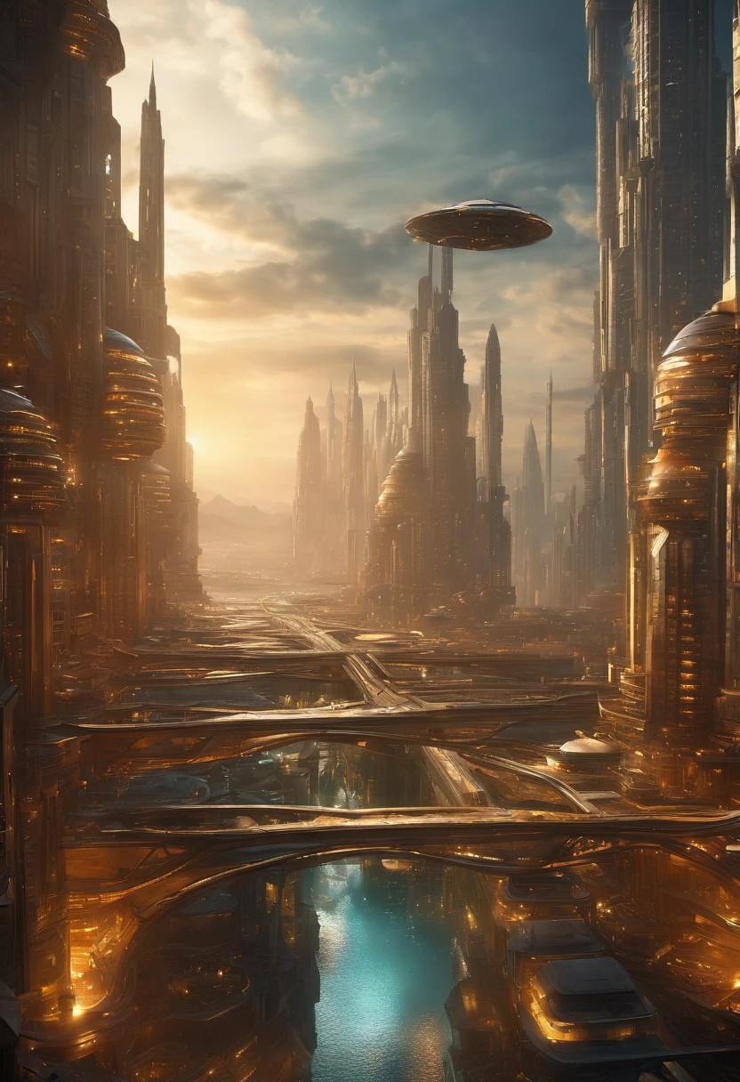 Create futuristic hyperealist works of art, Imagine a floating city in the sky, with complex architectural structures and advanced technology. Paint this futuristic city with a wealth of detail, capturing the bright lights, suspended platforms and flying vehicles that crisscross the skies.