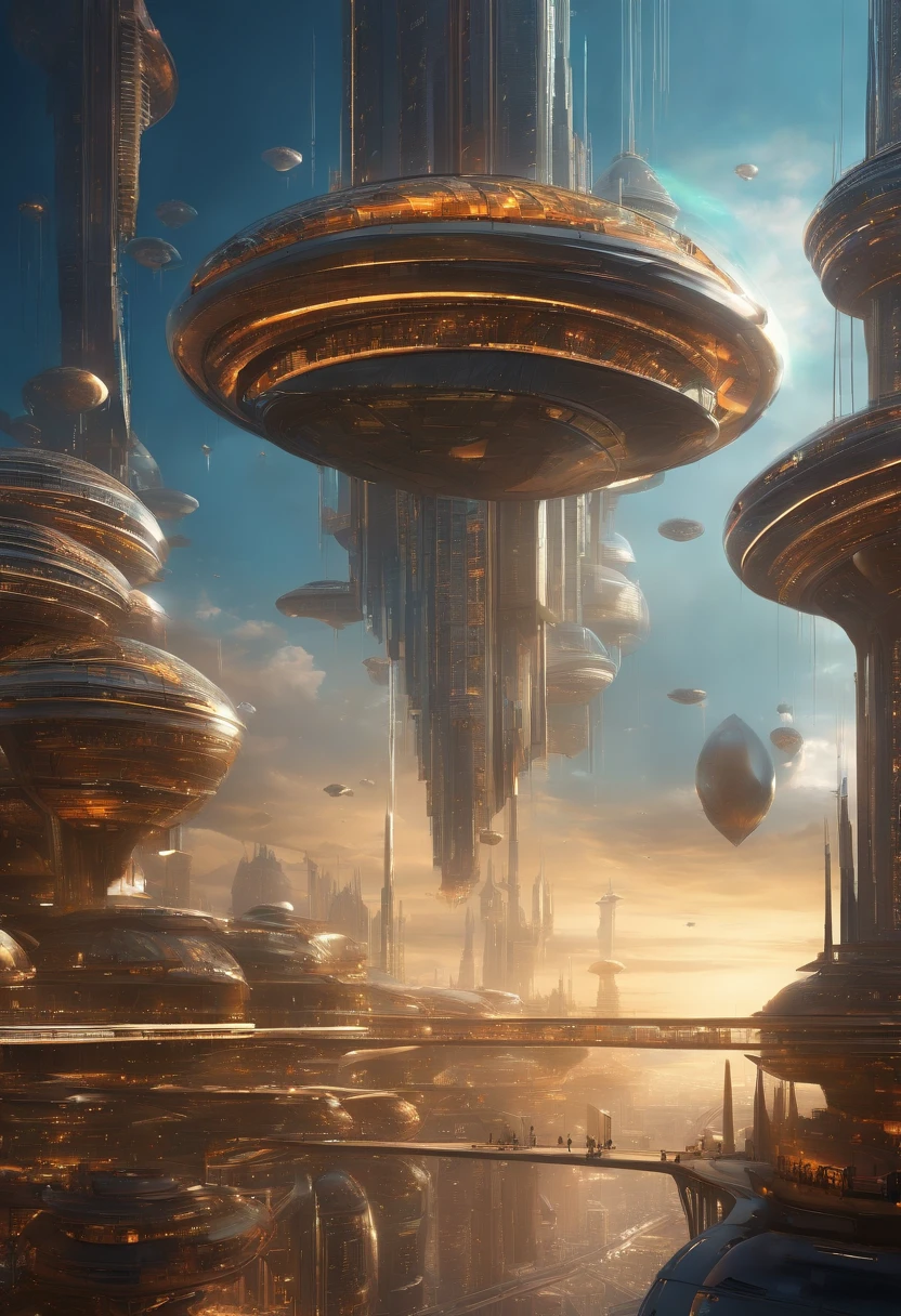 Create futuristic hyperealist works of art, Imagine a floating city in the sky, with complex architectural structures and advanced technology. Paint this futuristic city with a wealth of detail, capturing the bright lights, suspended platforms and flying vehicles that crisscross the skies.