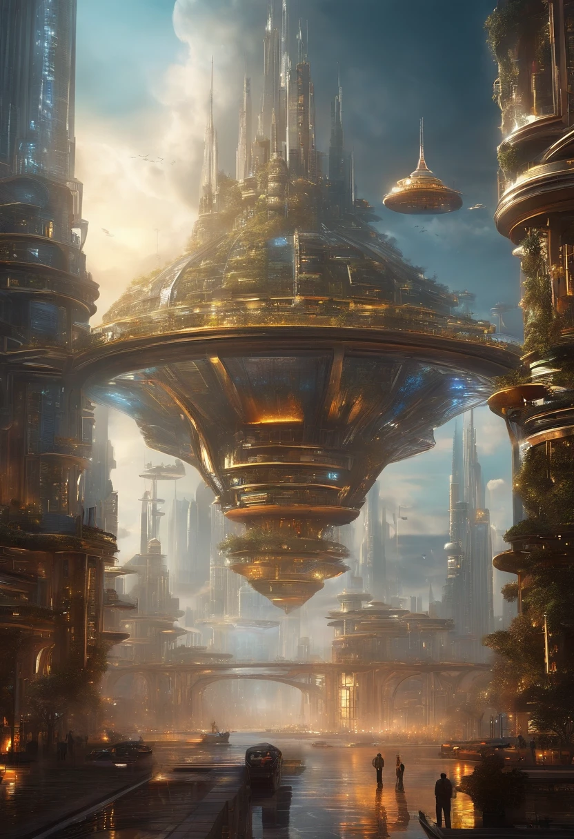 Create futuristic hyperealist works of art, Imagine a floating city in the sky, with complex architectural structures and advanced technology. Paint this futuristic city with a wealth of detail, capturing the bright lights, suspended platforms and flying vehicles that crisscross the skies.