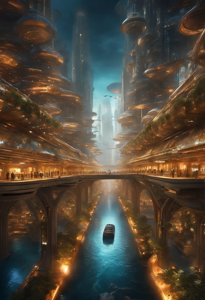 Create futuristic hyperealist works of art, Imagine a floating city in the sky, with complex architectural structures and advanced technology. Paint this futuristic city with a wealth of detail, capturing the bright lights, suspended platforms and flying vehicles that crisscross the skies.