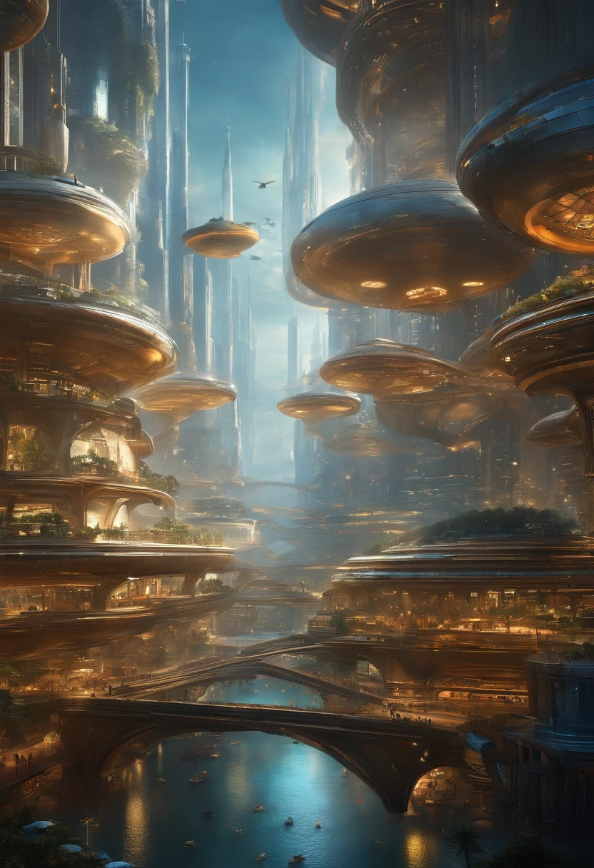 Create futuristic hyperealist works of art, Imagine a floating city in the sky, with complex architectural structures and advanced technology. Paint this futuristic city with a wealth of detail, capturing the bright lights, suspended platforms and flying vehicles that crisscross the skies.