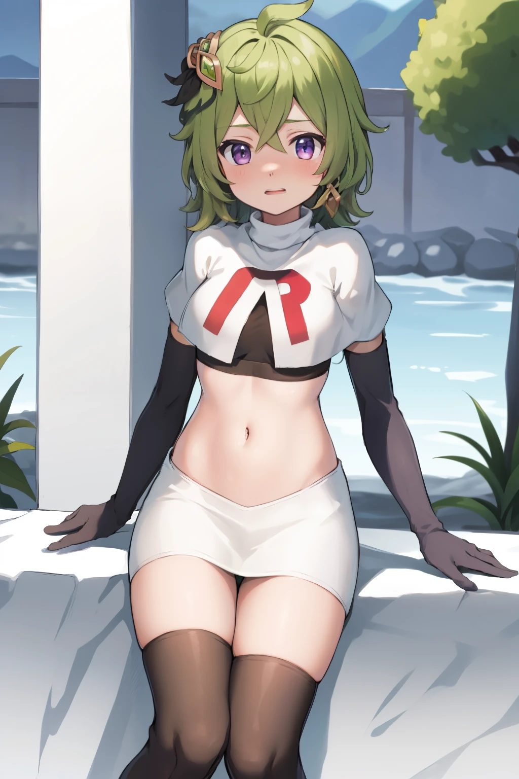 colleidef, blush, outdoors, short hair, team rocket,team rocket uniform,white skirt,crop top,black thigh-highs,black elbow gloves