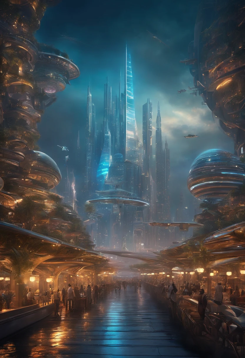 Create futuristic hyperealist works of art, Imagine a floating city in the sky, with complex architectural structures and advanced technology. Paint this futuristic city with a wealth of detail, capturing the bright lights, suspended platforms and flying vehicles that crisscross the skies.